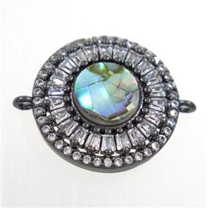 copper circle connector paved zircon with abalone shell, black plated, approx 18mm dia [FDZN6702]