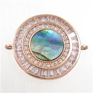 copper circle connector paved zircon with abalone shell, rose gold, approx 20mm dia [FDZN6704]