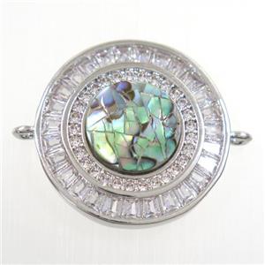 copper circle connector paved zircon with abalone shell, platinum plated, approx 20mm dia [FDZN6705]