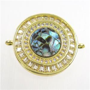 copper circle connector paved zircon with abalone shell, gold plated, approx 20mm dia [FDZN6706]