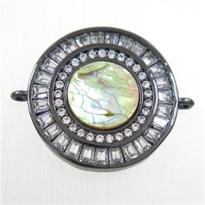 copper circle connector paved zircon with abalone shell, black plated, approx 20mm dia [FDZN6707]