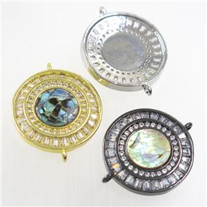 copper circle connector paved zircon with abalone shell, mixed, approx 20mm dia [FDZN6708]