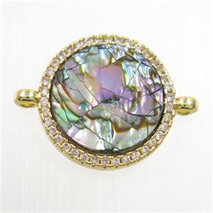 copper circle connector paved zircon with abalone shell, gold plated, approx 15mm dia [FDZN6711]