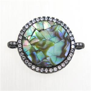 copper circle connector paved zircon with abalone shell, black plated, approx 15mm dia [FDZN6712]