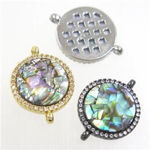 copper circle connector paved zircon with abalone shell, mixed, approx 15mm dia [FDZN6713]