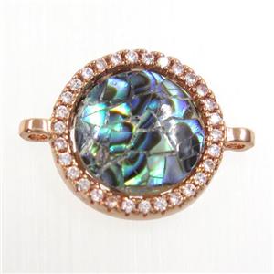 copper circle connector paved zircon with abalone shell, rose gold, approx 13mm dia [FDZN6714]