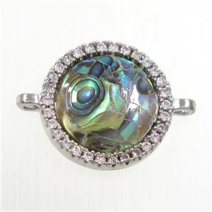 copper circle connector paved zircon with abalone shell, platinum plated, approx 13mm dia [FDZN6715]