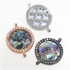 copper circle connector paved zircon with abalone shell, mixed, approx 13mm dia [FDZN6717]