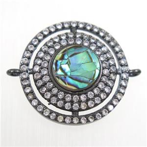 copper circle connector paved zircon with abalone shell, black plated, approx 18mm dia [FDZN6720]