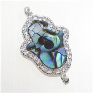 copper hamsahand connector paved zircon with abalone shell, platinum plated, approx 13-17mm [FDZN6728]