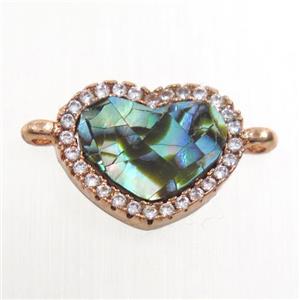 copper heart connector paved zircon with abalone shell, rose gold, approx 10-12mm [FDZN6732]