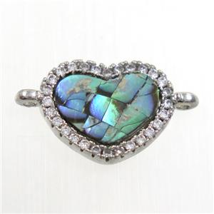 copper heart connector paved zircon with abalone shell, platinum plated, approx 10-12mm [FDZN6733]