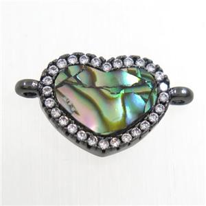 copper heart connector paved zircon with abalone shell, black plated, approx 10-12mm [FDZN6735]