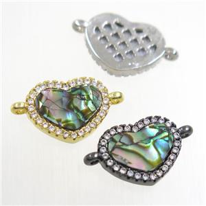copper heart connector paved zircon with abalone shell, mixed, approx 10-12mm [FDZN6736]
