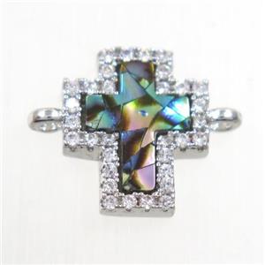 copper cross connector paved zircon with abalone shell, platinum plated, approx 10-11mm [FDZN6766]