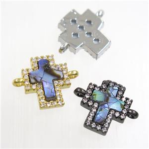copper cross connector paved zircon with abalone shell, mixed, approx 10-11mm [FDZN6769]