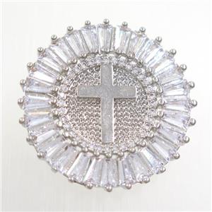copper circle pendant paved zircon, cross, platinium plated, approx 28mm dia [FDZN6798]