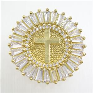 copper circle pendant paved zircon, cross, gold plated, approx 28mm dia [FDZN6799]