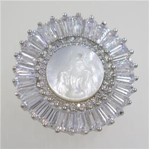 copper circle pendant paved zircon with white shell, platinum plated, approx 28mm dia [FDZN6806]