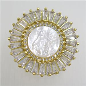 copper circle pendant paved zircon with white shell, gold plated, approx 28mm dia [FDZN6807]