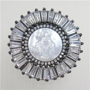 copper circle pendant paved zircon with white shell, black plated, approx 28mm dia [FDZN6808]