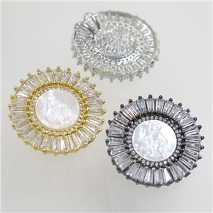 copper circle pendant paved zircon with white shell, mixed, approx 28mm dia [FDZN6809]