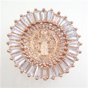 copper circle pendant paved zircon with Jesus, rose gold, approx 28mm dia [FDZN6810]