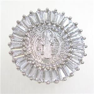 copper circle pendant paved zircon with Jesus, platinum plated, approx 28mm dia [FDZN6811]