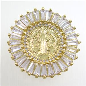 copper circle pendant paved zircon with Jesus, gold plated, approx 28mm dia [FDZN6812]