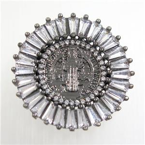 copper circle pendant paved zircon with Jesus, black plated, approx 28mm dia [FDZN6813]