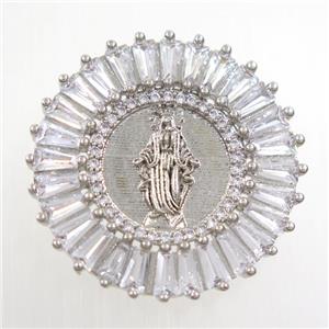copper circle pendant paved zircon with Jesus, platinum plated, approx 28mm dia [FDZN6815]