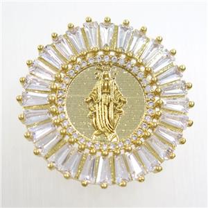 copper circle pendant paved zircon with Jesus, gold plated, approx 28mm dia [FDZN6816]