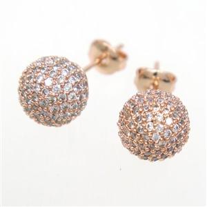 copper earring studs paved zircon, round, rose gold, approx 10mm dia [FDZN6863]
