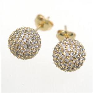 copper earring studs paved zircon, round, gold plated, approx 10mm dia [FDZN6865]