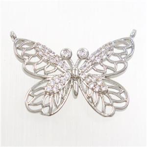 copper butterfly pendants paved zircon with 2loops, platinum plated, approx 17-25mm [FDZN6868]