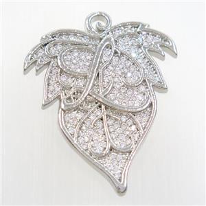 copper maple leaf pendants paved zircon, platinum plated, approx 33-40mm [FDZN6873]