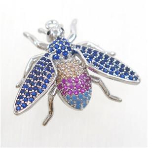 copper honeybee charm pendant paved zircon, platinum plated, approx 20-27mm [FDZN6890]