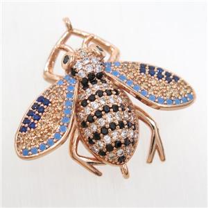 copper honeybee connector paved zircon, rose gold, approx 25-30mm [FDZN6937]