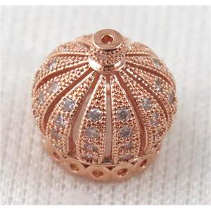 copper bead pave zircon, crown, rose gold plated, approx 16mm dia [FDZN694]