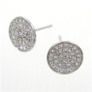 copper earring studs paved zircon, platinum plated, approx 10mm dia [FDZN6954]