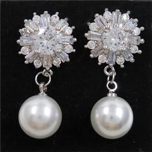 copper earring paved zircon with pearl shell, platinum plated, approx 10mm, 14mm [FDZN6958]