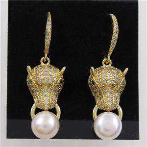copper fox earring paved zircon with pearl, gold plated, approx 8mm, 10-20mm [FDZN6960]