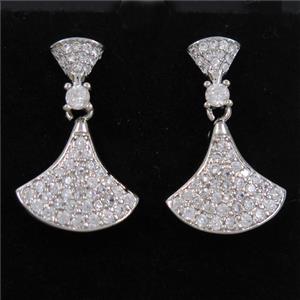 copper fan earring paved zircon, platinum plated, approx 15-22mm [FDZN6961]