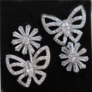 copper butterfly earring paved zircon, platinum plated, approx 12mm, 14-18mm [FDZN6962]