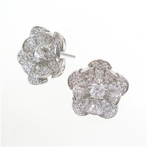 copper flower Earring studs paved zircon, platinum plated, approx 16mm dia [FDZN6964]