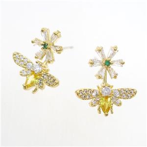 copper honeybee Earring studs paved zircon, gold plated, approx 9mm, 7-15mm [FDZN6967]