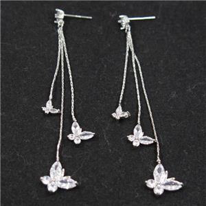 copper earring paved zircon, platinum plated, approx 7-12mm. 75mm length [FDZN6968]