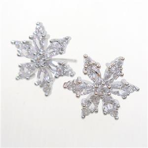 copper snowflake Earring studs paved zircon, platinum plated, approx 17mm dia [FDZN6970]