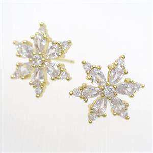 copper snowflake Earring studs paved zircon, gold plated, approx 17mm dia [FDZN6971]