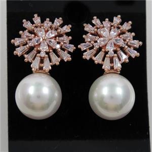 copper earring paved zircon with pearl shell, rose gold, approx 12mm, 16mm dia [FDZN6972]